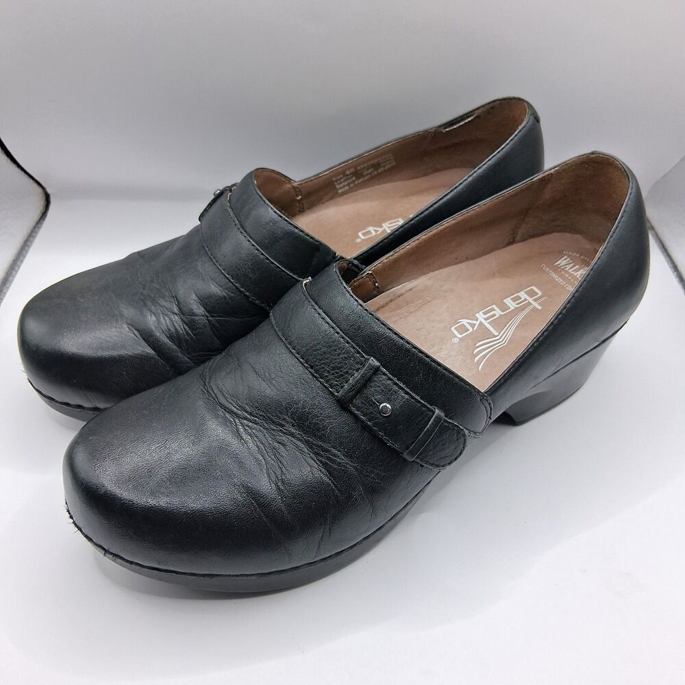 Dansko Women Size 40 US 9.5-10 Black Leather Strap Wedge Clogs Slip On Heels